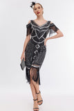 Nero Dorato Cold Shoulder Fringes 1920s Gatsby Dress