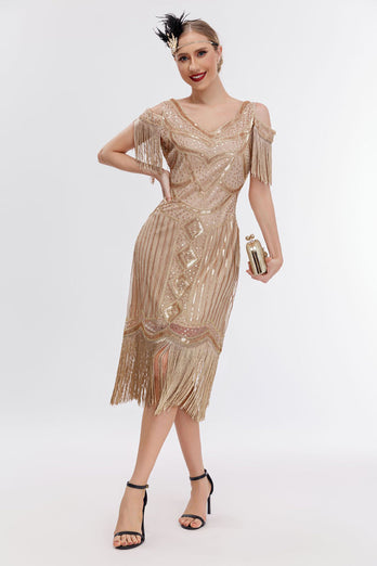 Nero Dorato Cold Shoulder Fringes 1920s Gatsby Dress
