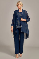 Elegante Chiffon Mother Of The Bride Pantaloni Abo Con Applique In Pizzo, Maniche Lunghe Elegante Chiffon Mother Of The Bride Pantaloni Abo Con Applique In Pizzo, Maniche Lunghe