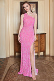 Mermaid One Shoulder Fucsia Sequins Long Prom Dress con spaccatura frontale