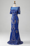 Mermaid Royal Blue Sparkly Prom Dress con maniche corte
