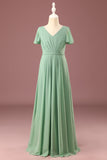 Long Matcha A-line Chiffon V-neck maniche corte Junior Bridesmaid Dress