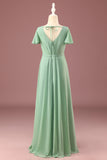 Long Matcha A-line Chiffon V-neck maniche corte Junior Bridesmaid Dress