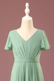 Long Matcha A-line Chiffon V-neck maniche corte Junior Bridesmaid Dress