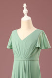 Long Matcha A-line Chiffon V-neck maniche corte Junior Bridesmaid Dress