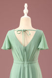 Long Matcha A-line Chiffon V-neck maniche corte Junior Bridesmaid Dress