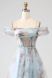 A-Line blu stampato spalla fredda lungo corsetto prom dress con fessura