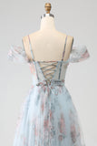 A-Line blu stampato spalla fredda lungo corsetto prom dress con fessura