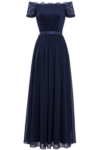 Abito formale navy in pizzo lungo