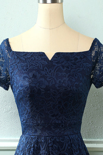 Abito navy off the shoulder in pizzo