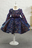 Navy Glitter Sequin Flower Girl Dress con maniche