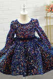 Navy Glitter Sequin Flower Girl Dress con maniche