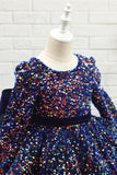 Navy Glitter Sequin Flower Girl Dress con maniche