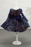 Navy Glitter Sequin Flower Girl Dress con maniche