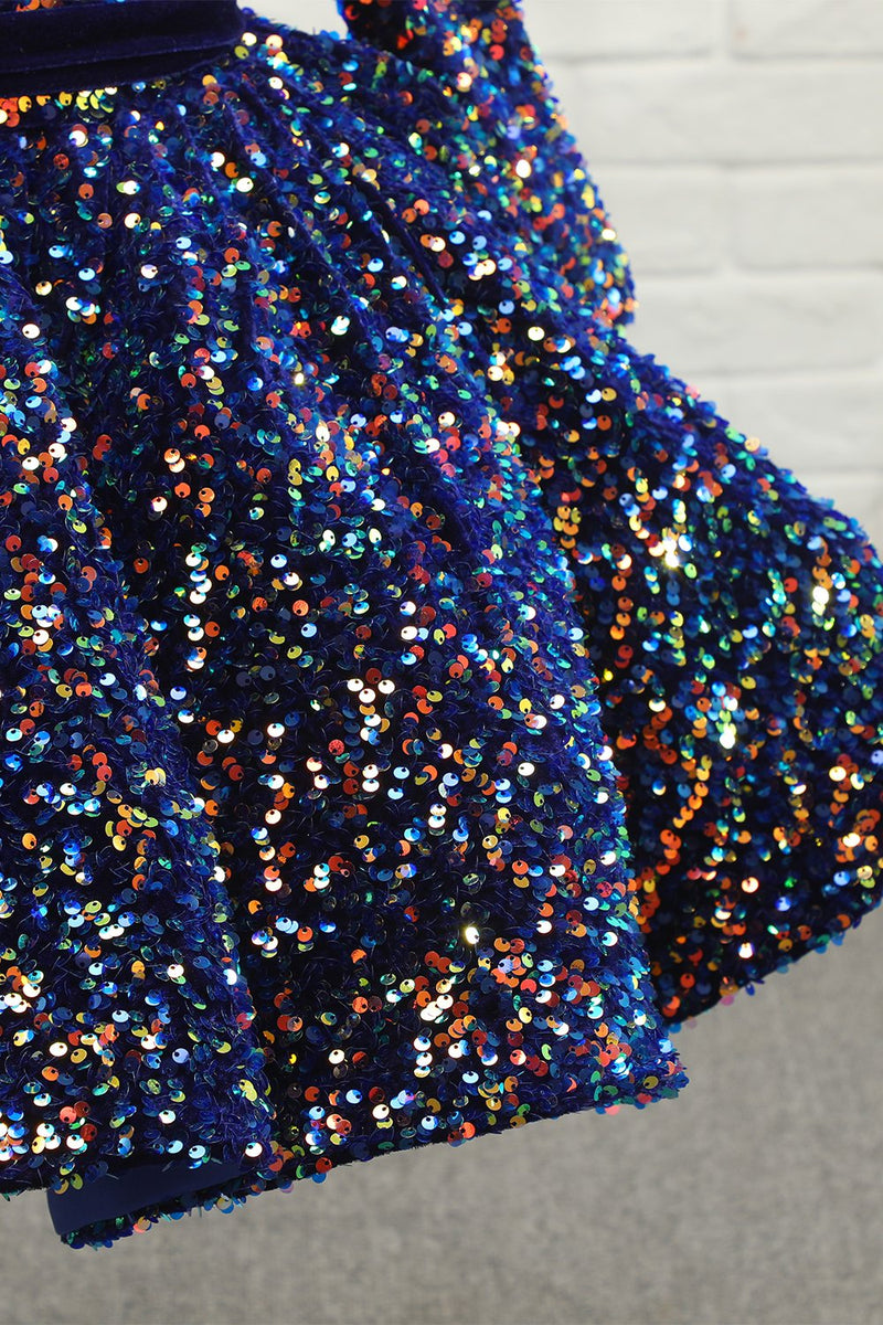 Carica l&#39;immagine nel visualizzatore di Gallery, Navy Glitter Sequin Flower Girl Dress con maniche