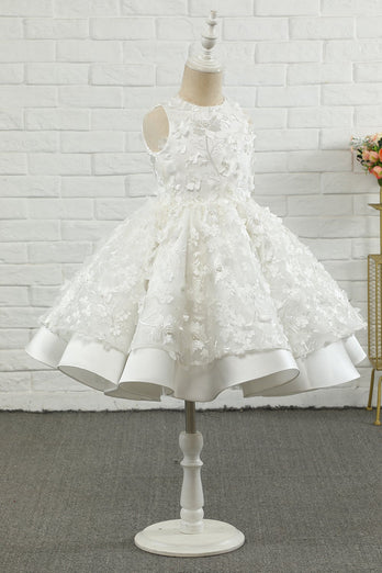 Bianco Applique Senza Maniche Fiore Ragazza Vestito