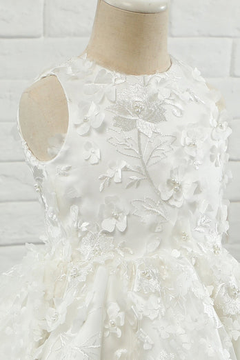 Bianco Applique Senza Maniche Fiore Ragazza Vestito