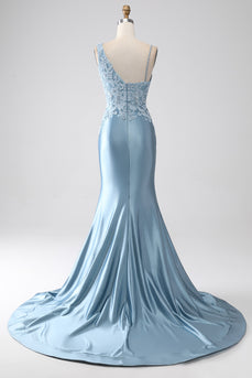Grigio Blu Sirena Spalline sottili Lungo Perline vestito da ballo con Applicazioni
