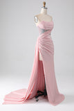 Rosa sirena senza spalline in rilievo plissettato abito lungo ballo con fessura alta