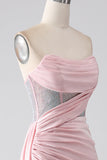 Rosa sirena senza spalline in rilievo plissettato abito lungo ballo con fessura alta