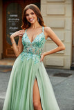 A-Line Scollo a V Split Tulle Verde Chiaro Prom Dress con perline applicate