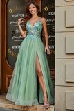 A-Line Scollo a V Split Tulle Verde Chiaro Prom Dress con perline applicate