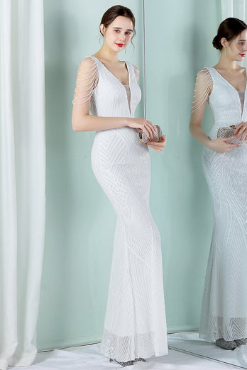 Abito da sera a sirena bianco profondo scollo a V