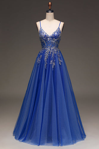 A-Line Paillettes Royal Blue Prom Dress con applicazioni