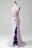 Lilla Sparkly Spaghetti Straps Mermiad Prom Dress con Spacco