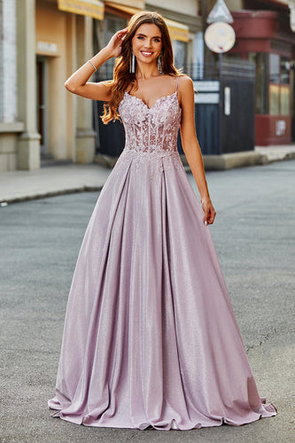 Sparkly A-Line Spaghetti Straps Blush Prom Dress con perline