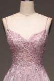 Glitter Spaghetti Straps Blush Prom Dress con perline