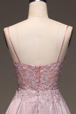 Glitter Spaghetti Straps Blush Prom Dress con perline