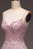 Glitter Spaghetti Straps Blush Prom Dress con perline