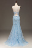 Abito da ballo sirena in tulle blu con perline