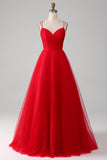 Rosso Tulle plissettato scollo a V A-line Tie Back Prom Dress