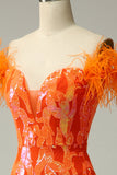 Paillettes arancioni fuori dalla spalla sirena abiti da cerimonia con piume