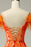 Paillettes arancioni fuori dalla spalla sirena abiti da cerimonia con piume