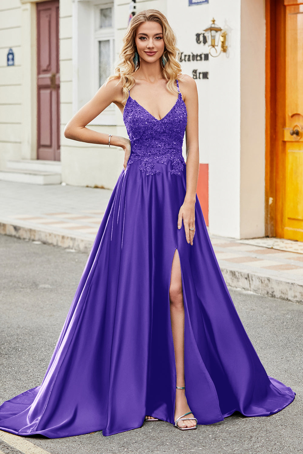 PAVERJER Abito Lungo Da Damigella D'Onore In Raso Blu Navy Con Spacco - Spalle Scoperte, Taglia 48 - Per Matrimoni, Ballo, Cerimonie