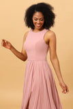Blush lungo chiffon pieghetta abito damigella d'onore con spacco
