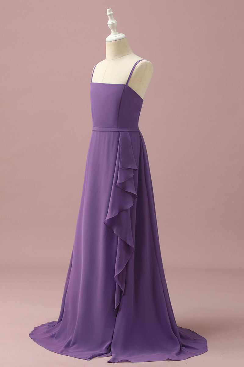 Carica l&#39;immagine nel visualizzatore di Gallery, Spaghetti in chiffon viola spalline Junior Bridesmaid Dress con volant a cascata