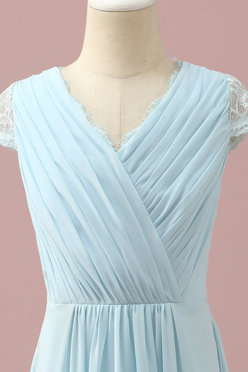 Carica l&#39;immagine nel visualizzatore di Gallery, Pizzo azzurro e chiffon V-Neck Junior Bridesmaid Dress
