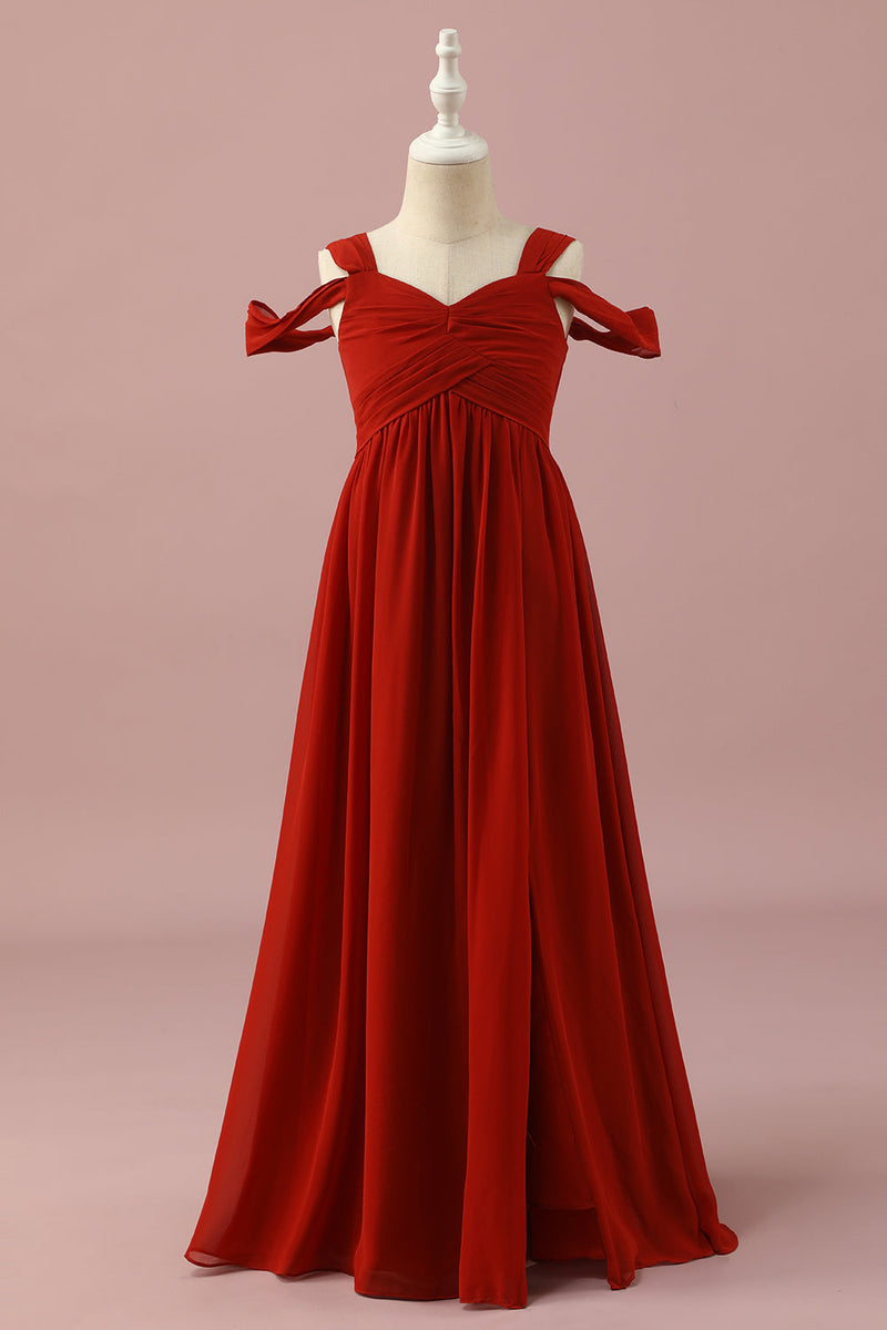Carica l&#39;immagine nel visualizzatore di Gallery, Chiffon rosso spalla fredda Junior Bridesmaid Dress