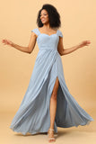 Off Shoulder Chiffon Blue Bridesmaid Dress con spacco