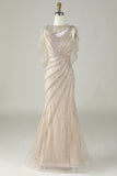 Sparkly Champagne Beaded Mermaid Long Prom Dress con Wrap