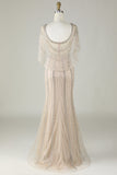 Sparkly Champagne Beaded Mermaid Long Prom Dress con Wrap