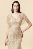 Mermaid V Neck Golden Beaded Long Foraml Dress