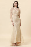 Mermaid V Neck Golden Beaded Long Foraml Dress