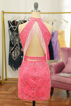 Rosa Open Back Halter Lace Tight Homecoming Dress