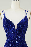 Abito da ritorno a casa corto aderente con paillettes blu royal con Criss Cross indietro