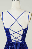 Abito da ritorno a casa corto aderente con paillettes blu royal con Criss Cross indietro